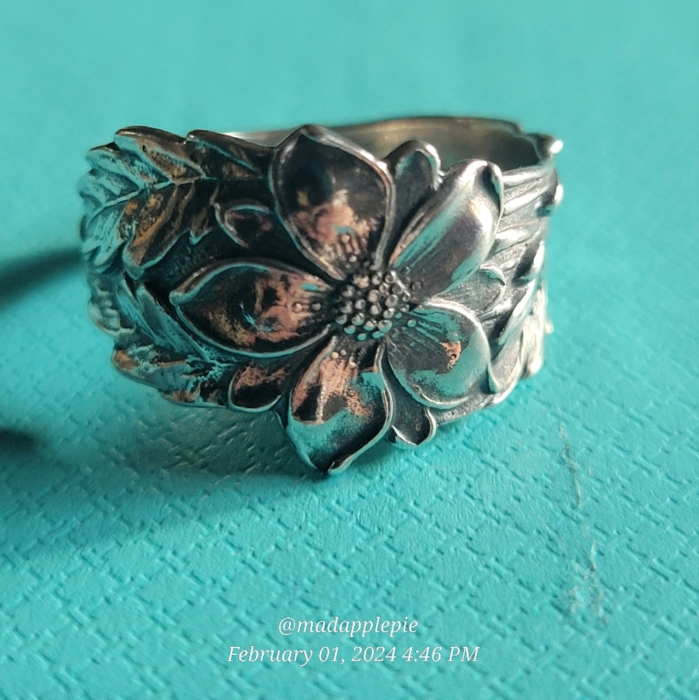 Sterling Silver Spoon Ring Columbine Flower Adjustable Flower Statement Piece 96